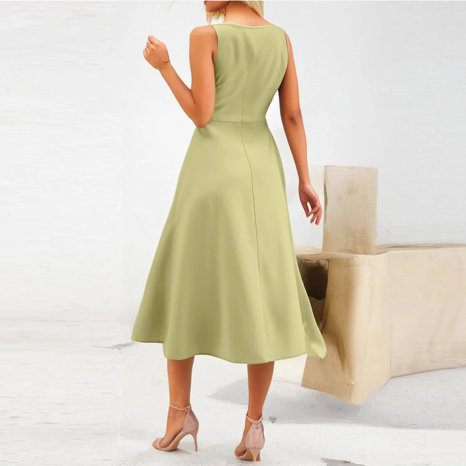Women Summer Dresses Spaghetti Strap Sleeveless Linen Overall Dress Casual A-Line Midi Long Beach Dress with Pocket