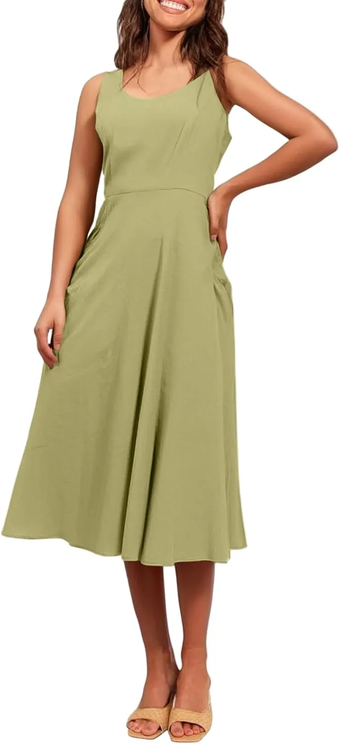 Women Summer Dresses Spaghetti Strap Sleeveless Linen Overall Dress Casual A-Line Midi Long Beach Dress with Pocket