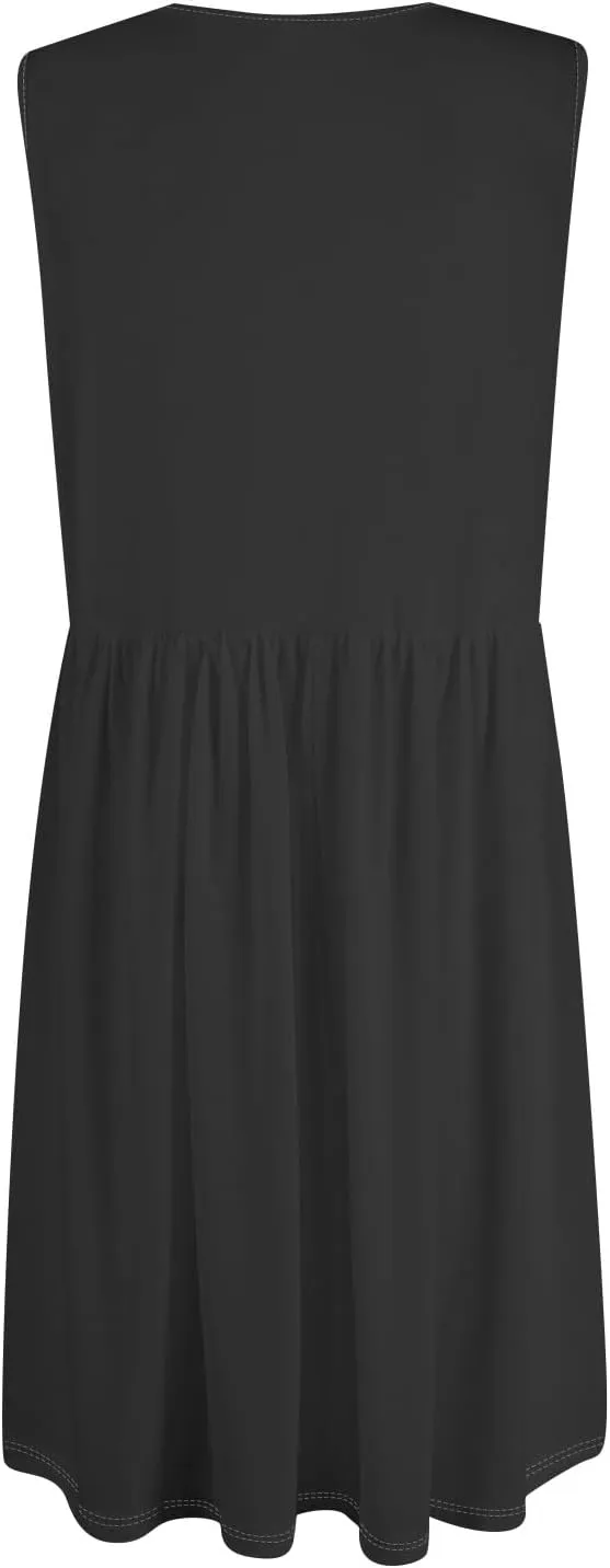 Women Summer Dresses,Fashion V-Neck Button Sleeveless Sundress Boho Floral Knee Length Empire Waist Dress with Pocket