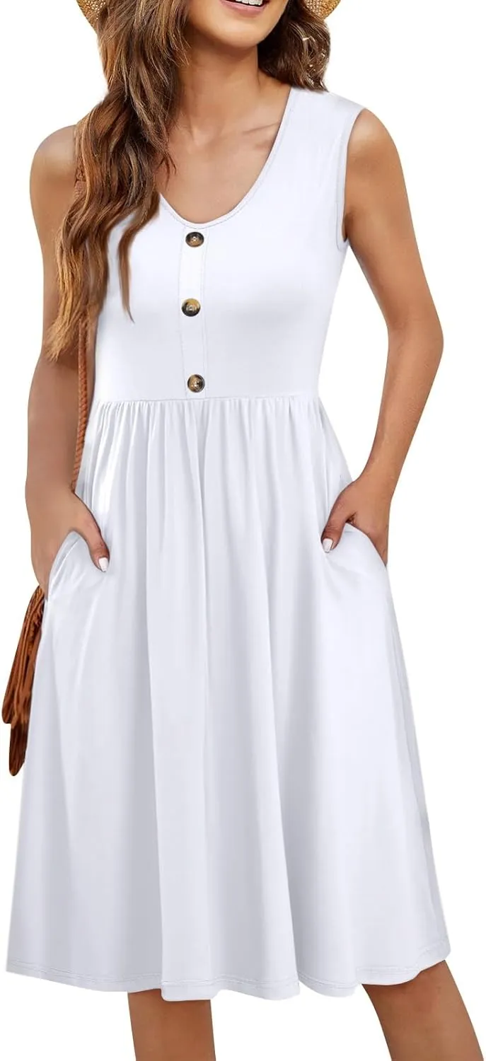 Women Summer Dresses,Fashion V-Neck Button Sleeveless Sundress Boho Floral Knee Length Empire Waist Dress with Pocket