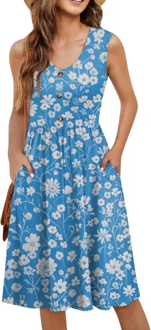 Women Summer Dresses,Fashion V-Neck Button Sleeveless Sundress Boho Floral Knee Length Empire Waist Dress with Pocket