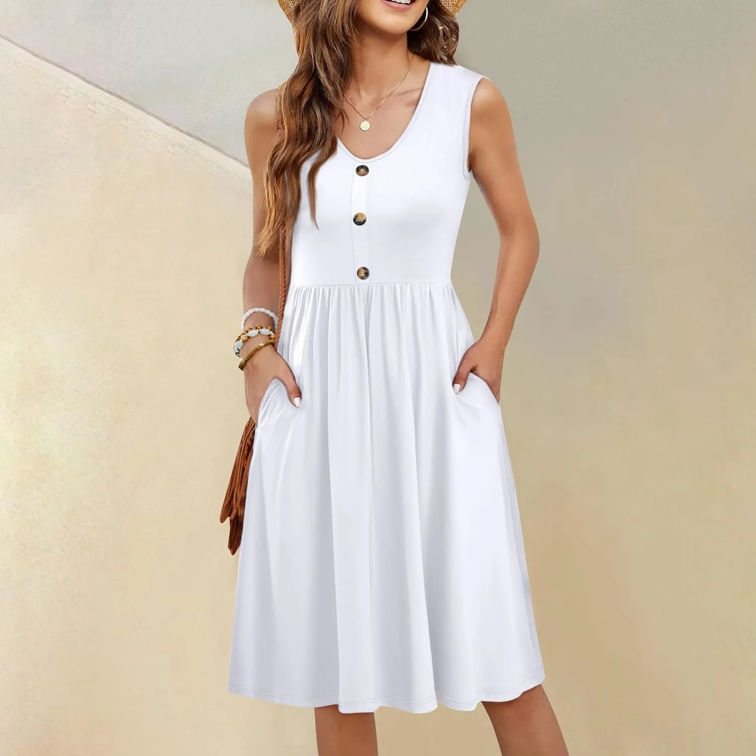 Women Summer Dresses,Fashion V-Neck Button Sleeveless Sundress Boho Floral Knee Length Empire Waist Dress with Pocket