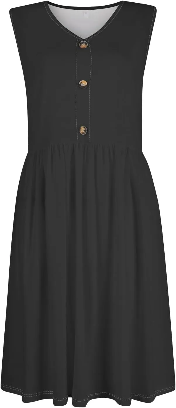 Women Summer Dresses,Fashion V-Neck Button Sleeveless Sundress Boho Floral Knee Length Empire Waist Dress with Pocket