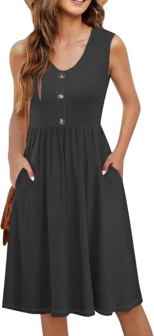 Women Summer Dresses,Fashion V-Neck Button Sleeveless Sundress Boho Floral Knee Length Empire Waist Dress with Pocket