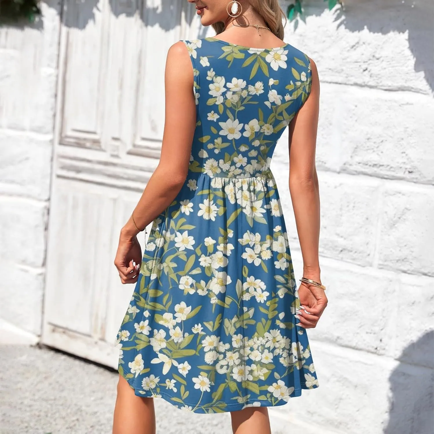 Women Summer Dresses,Fashion V-Neck Button Sleeveless Sundress Boho Floral Knee Length Empire Waist Dress with Pocket