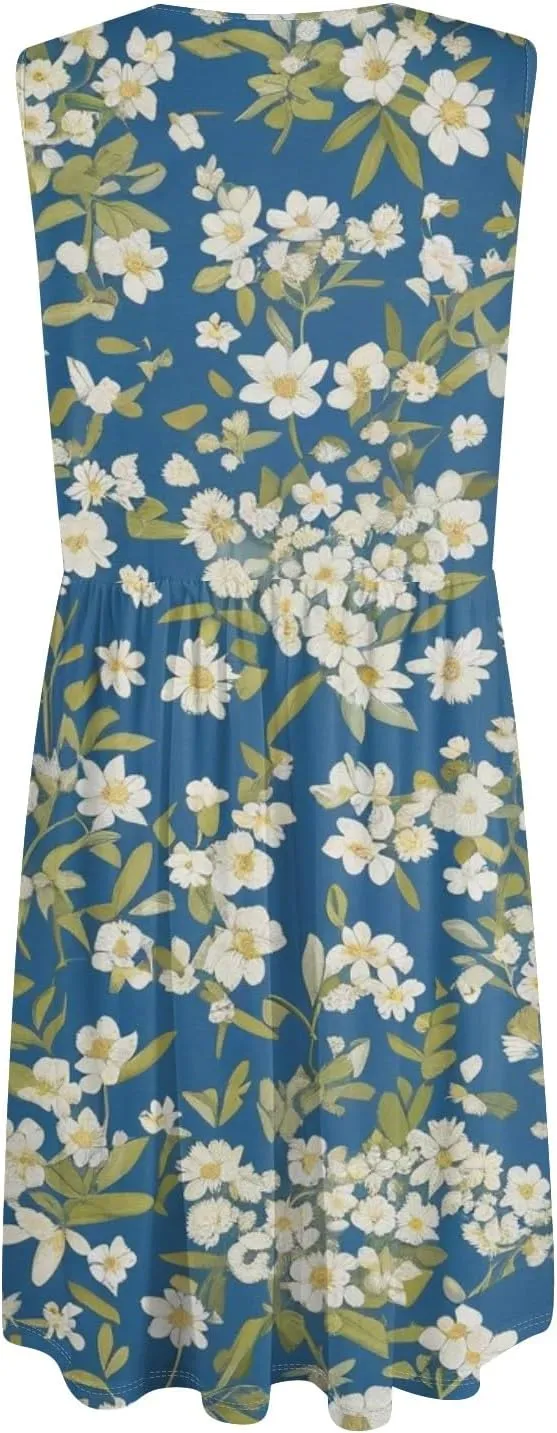 Women Summer Dresses,Fashion V-Neck Button Sleeveless Sundress Boho Floral Knee Length Empire Waist Dress with Pocket
