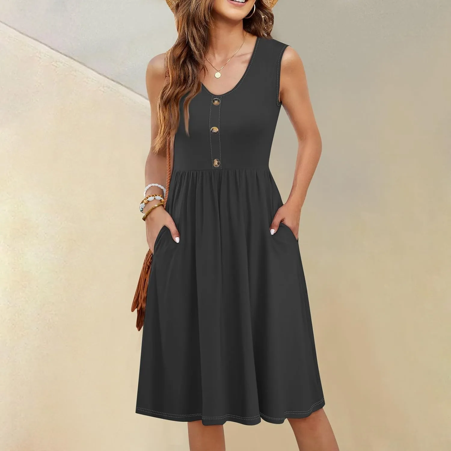 Women Summer Dresses,Fashion V-Neck Button Sleeveless Sundress Boho Floral Knee Length Empire Waist Dress with Pocket