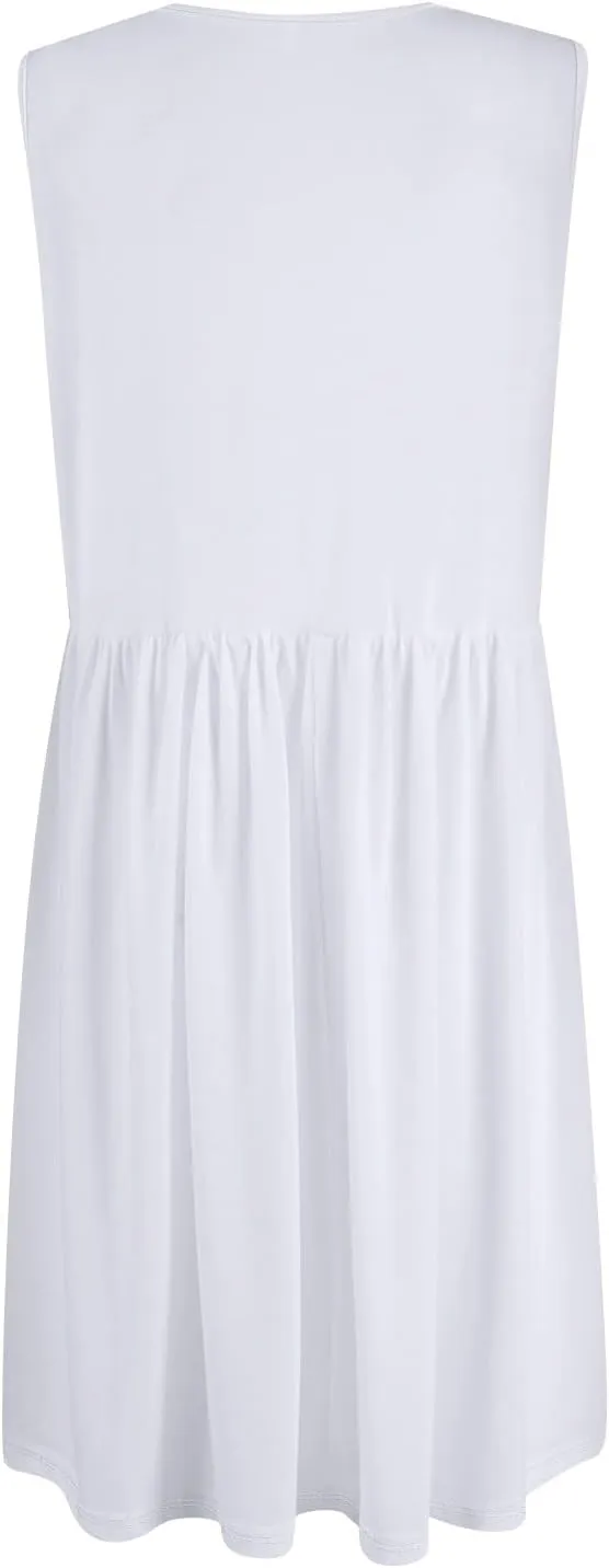 Women Summer Dresses,Fashion V-Neck Button Sleeveless Sundress Boho Floral Knee Length Empire Waist Dress with Pocket