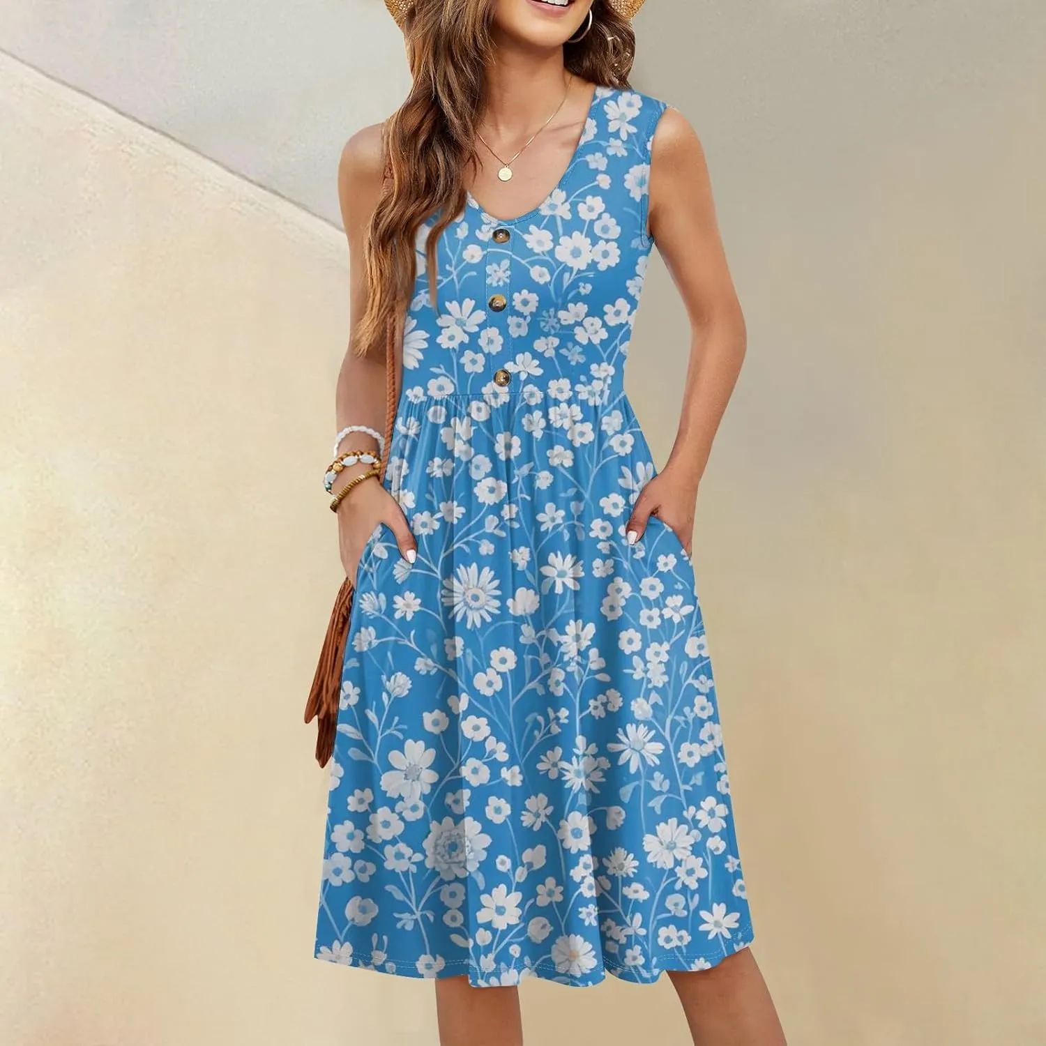Women Summer Dresses,Fashion V-Neck Button Sleeveless Sundress Boho Floral Knee Length Empire Waist Dress with Pocket