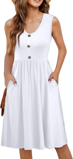 Women Summer Dresses,Fashion V-Neck Button Sleeveless Sundress Boho Floral Knee Length Empire Waist Dress with Pocket