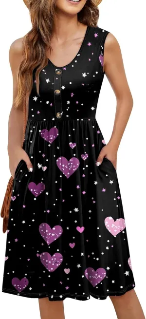 Women Summer Dresses,Fashion V-Neck Button Sleeveless Sundress Boho Floral Knee Length Empire Waist Dress with Pocket