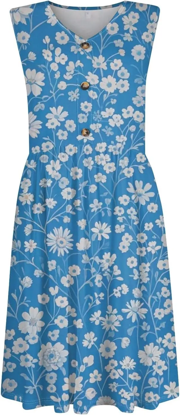 Women Summer Dresses,Fashion V-Neck Button Sleeveless Sundress Boho Floral Knee Length Empire Waist Dress with Pocket