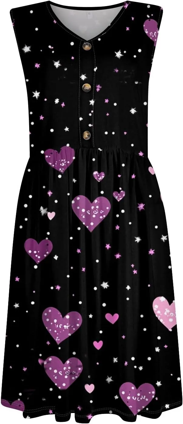 Women Summer Dresses,Fashion V-Neck Button Sleeveless Sundress Boho Floral Knee Length Empire Waist Dress with Pocket