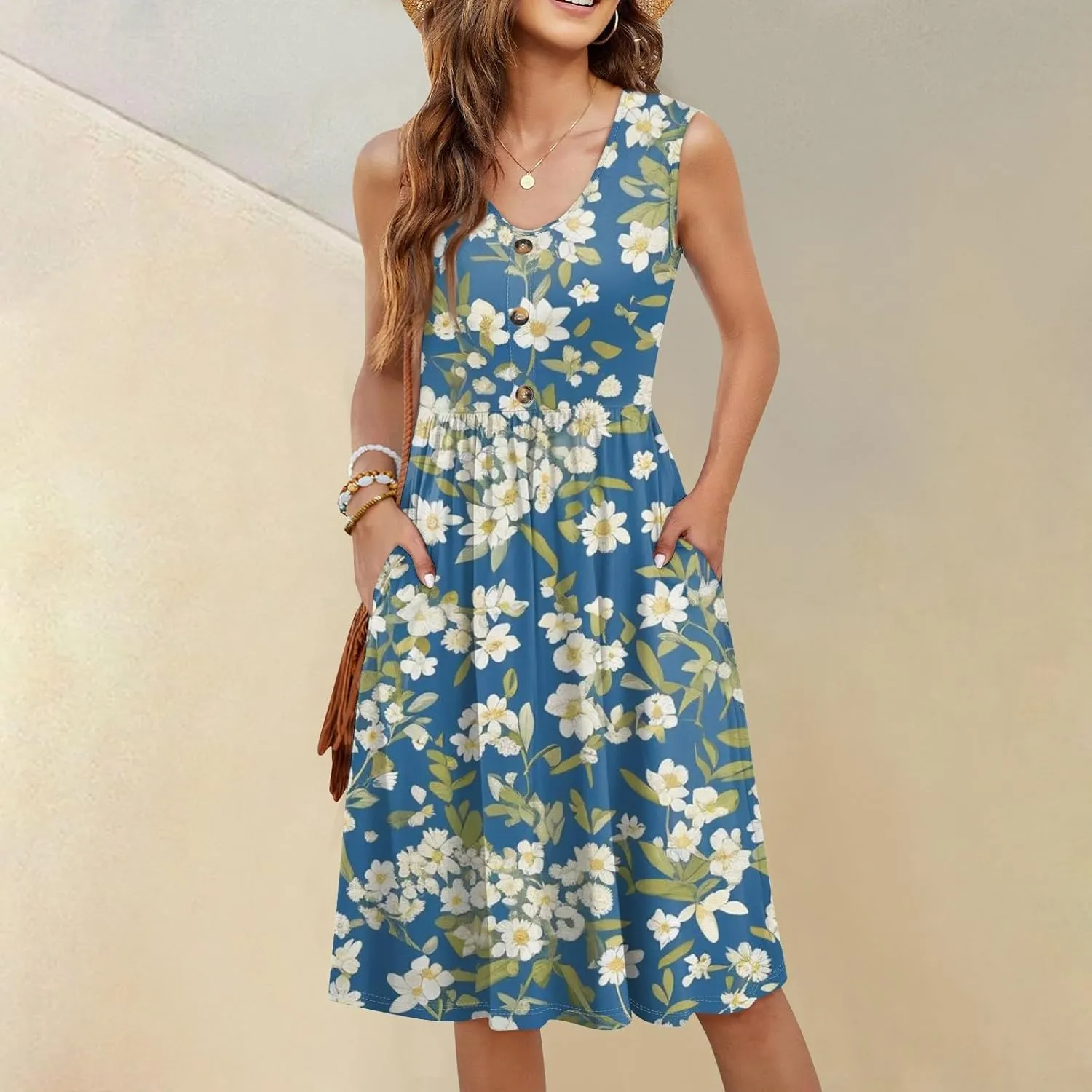 Women Summer Dresses,Fashion V-Neck Button Sleeveless Sundress Boho Floral Knee Length Empire Waist Dress with Pocket