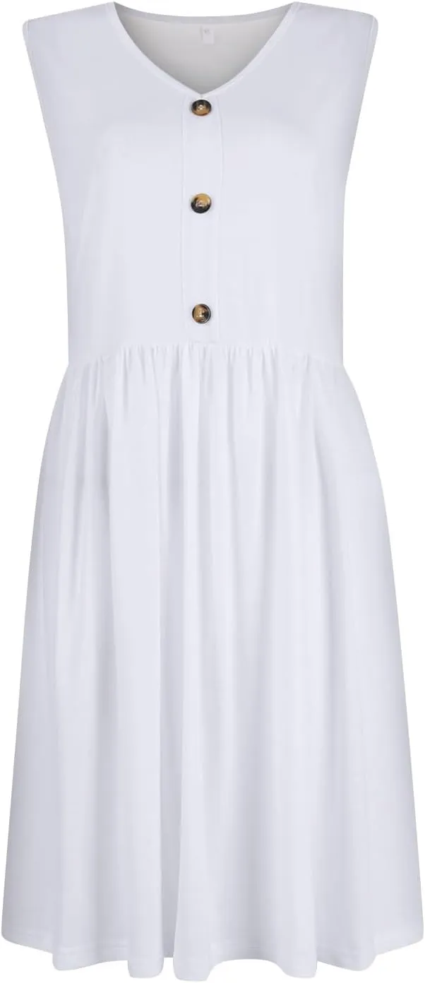 Women Summer Dresses,Fashion V-Neck Button Sleeveless Sundress Boho Floral Knee Length Empire Waist Dress with Pocket