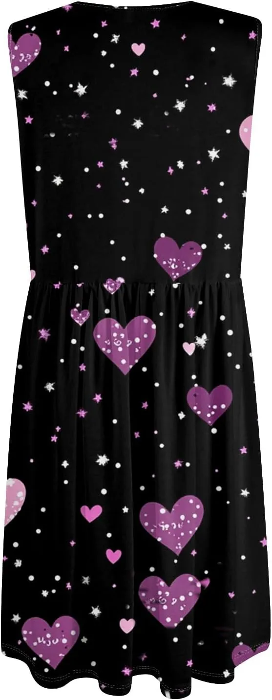 Women Summer Dresses,Fashion V-Neck Button Sleeveless Sundress Boho Floral Knee Length Empire Waist Dress with Pocket