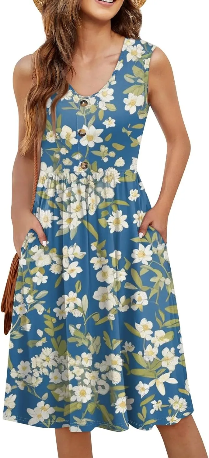 Women Summer Dresses,Fashion V-Neck Button Sleeveless Sundress Boho Floral Knee Length Empire Waist Dress with Pocket