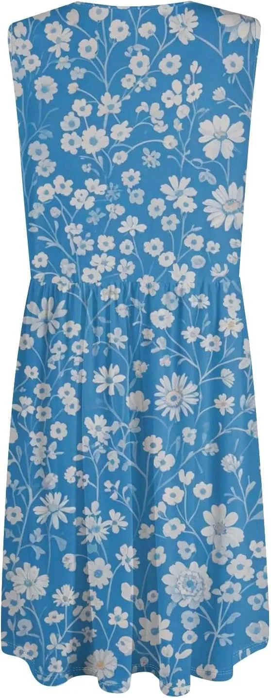 Women Summer Dresses,Fashion V-Neck Button Sleeveless Sundress Boho Floral Knee Length Empire Waist Dress with Pocket