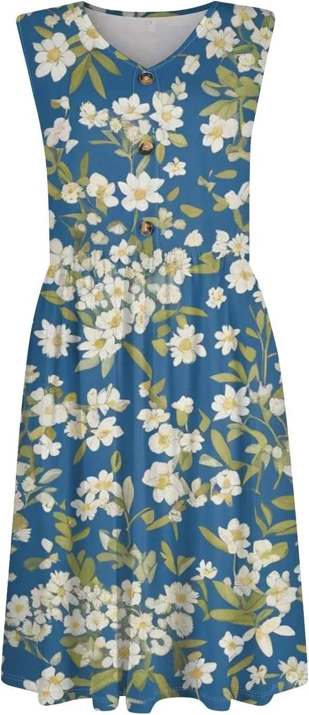 Women Summer Dresses,Fashion V-Neck Button Sleeveless Sundress Boho Floral Knee Length Empire Waist Dress with Pocket