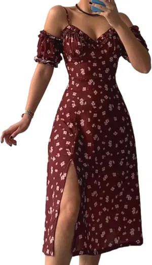 Women Summer Floral Midi Dresses Casual Spaghetti Strap Sleeveless High Waist Dress Long Slit Cami Split Sundress