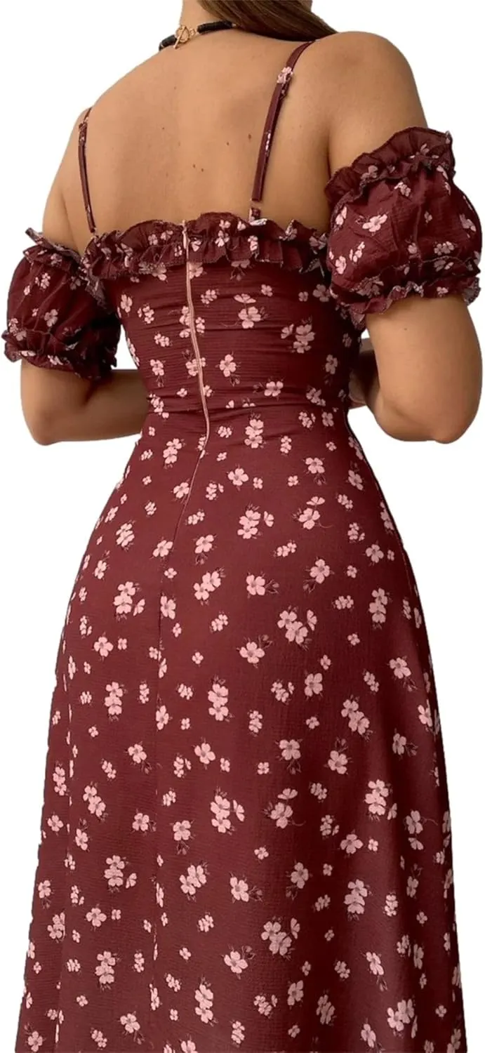 Women Summer Floral Midi Dresses Casual Spaghetti Strap Sleeveless High Waist Dress Long Slit Cami Split Sundress