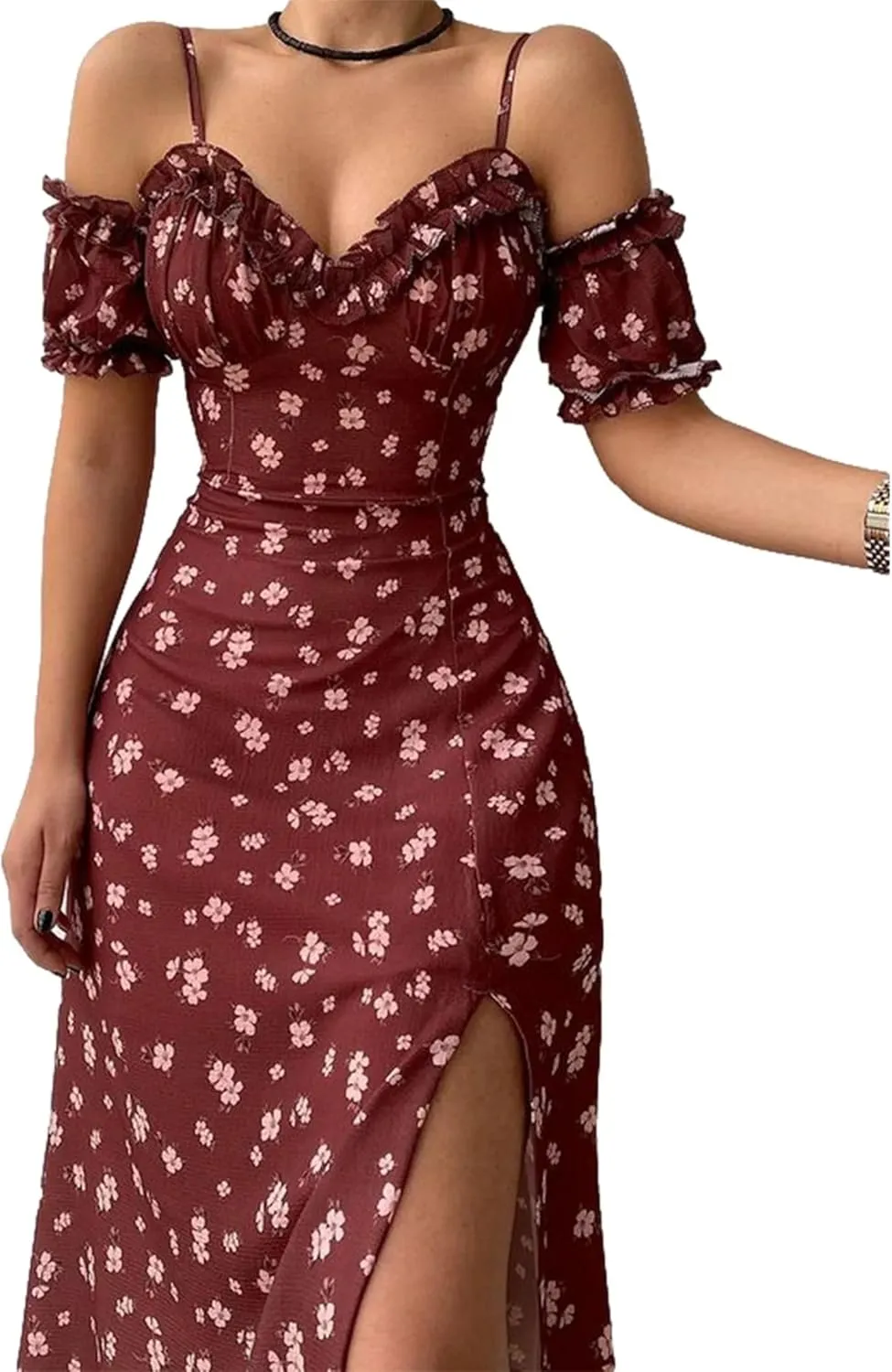 Women Summer Floral Midi Dresses Casual Spaghetti Strap Sleeveless High Waist Dress Long Slit Cami Split Sundress