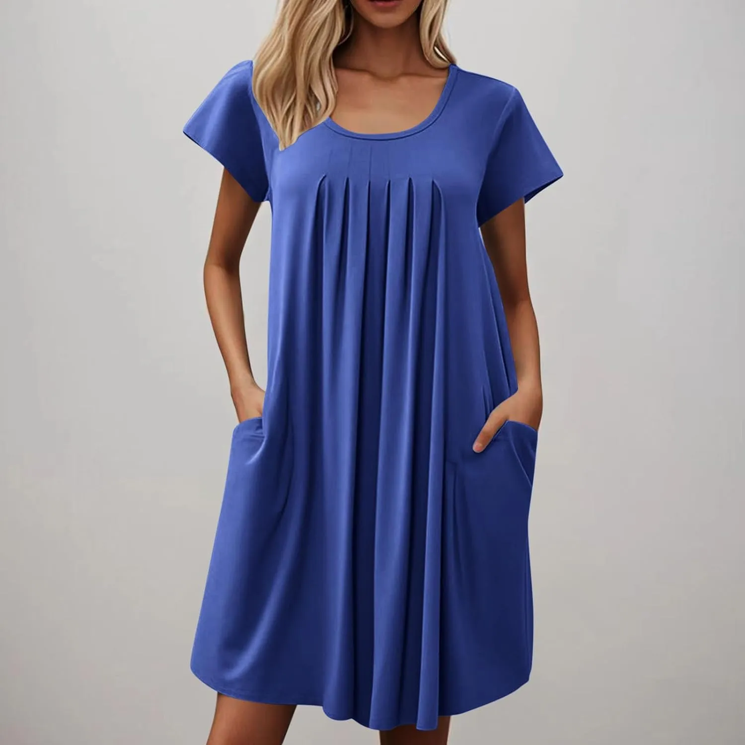 Women Summer T-Shirt Dresses Short Sleeve Pleated Front Swing A Line Dress Short Sleeve Causal Beach Vacation Dresses