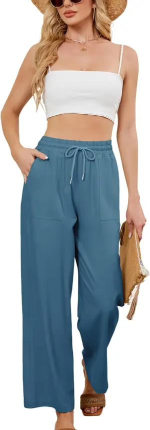 Women Summer Wide Leg Linen Pants Casual Palazzo Pant Cotton Lounge Beach Trousers with Pockets