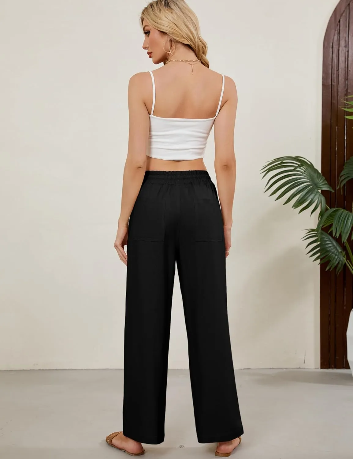 Women Summer Wide Leg Linen Pants Casual Palazzo Pant Cotton Lounge Beach Trousers with Pockets