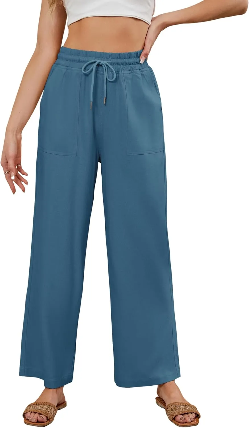Women Summer Wide Leg Linen Pants Casual Palazzo Pant Cotton Lounge Beach Trousers with Pockets