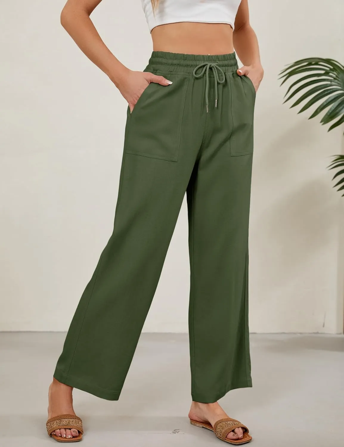 Women Summer Wide Leg Linen Pants Casual Palazzo Pant Cotton Lounge Beach Trousers with Pockets