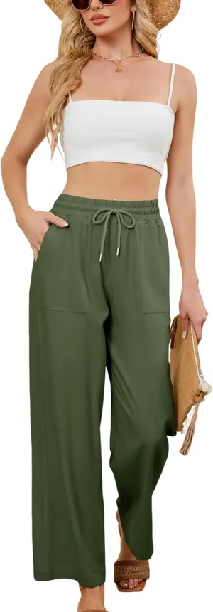 Women Summer Wide Leg Linen Pants Casual Palazzo Pant Cotton Lounge Beach Trousers with Pockets