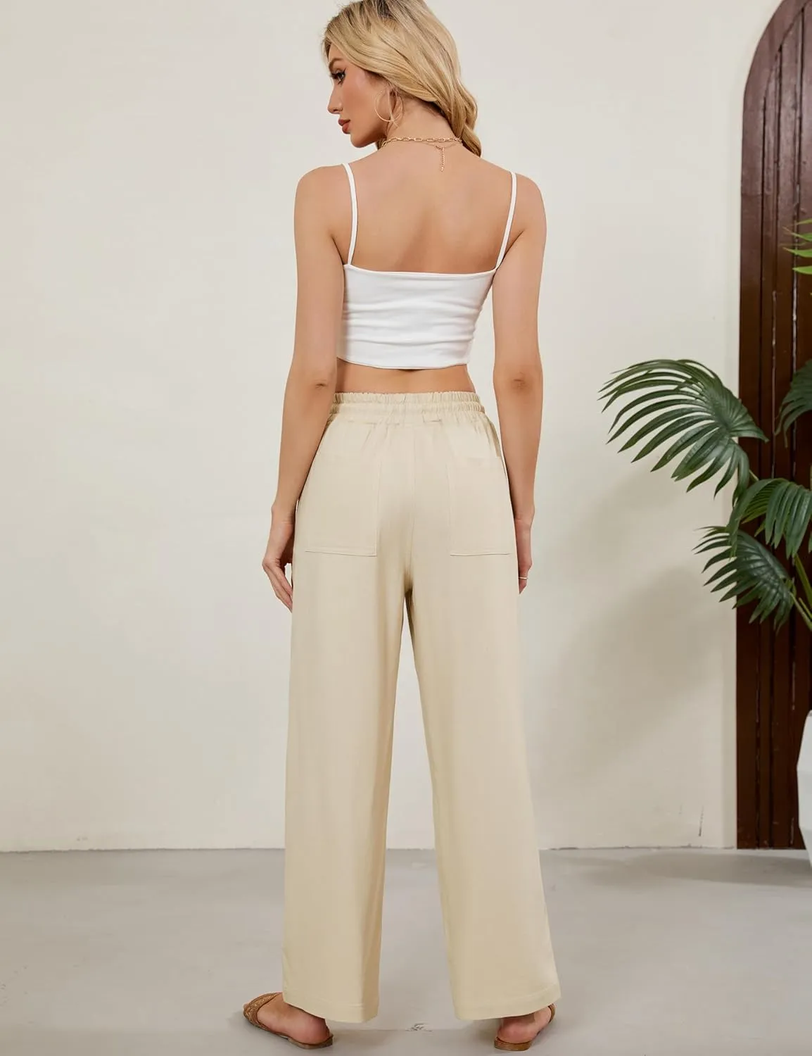 Women Summer Wide Leg Linen Pants Casual Palazzo Pant Cotton Lounge Beach Trousers with Pockets