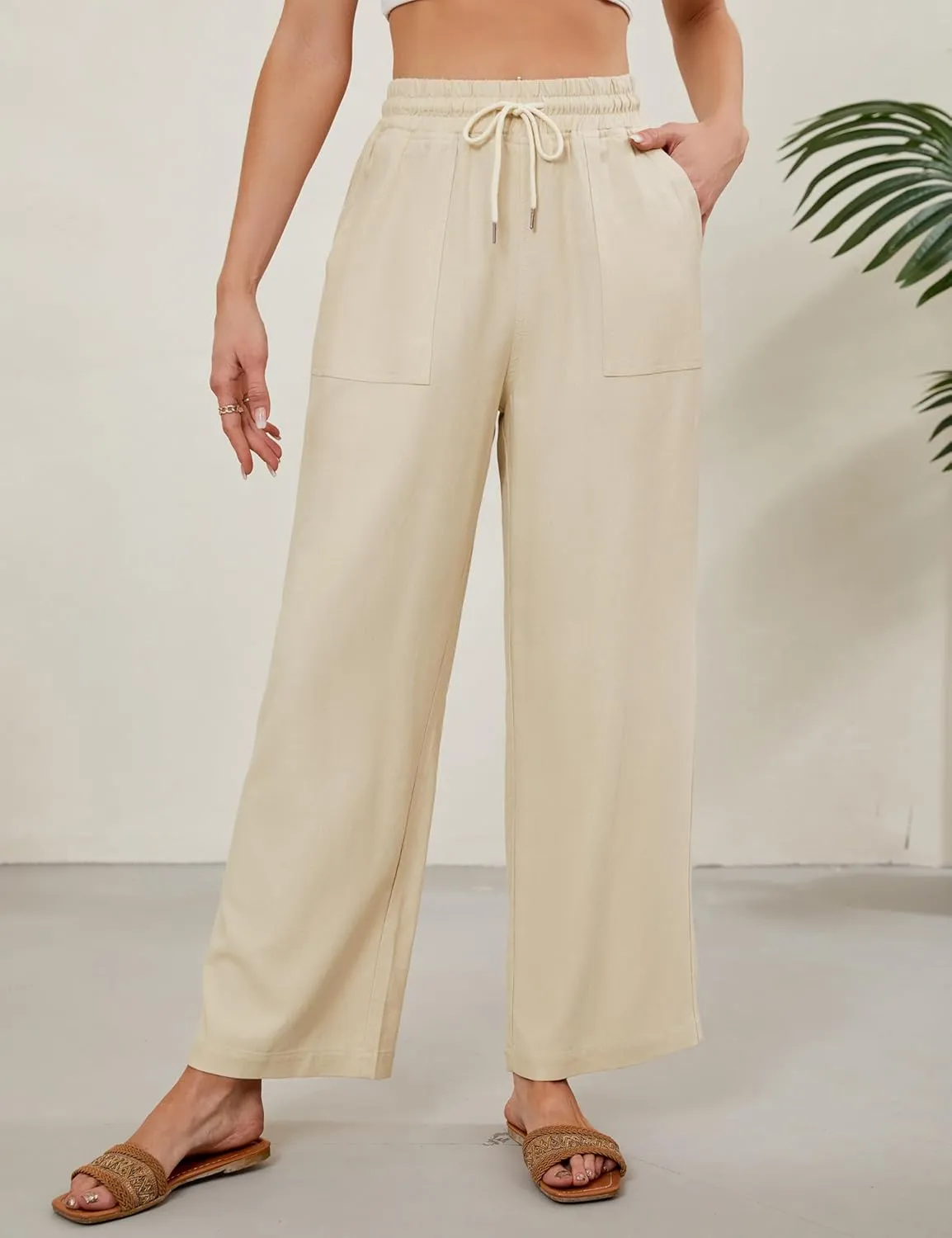 Women Summer Wide Leg Linen Pants Casual Palazzo Pant Cotton Lounge Beach Trousers with Pockets