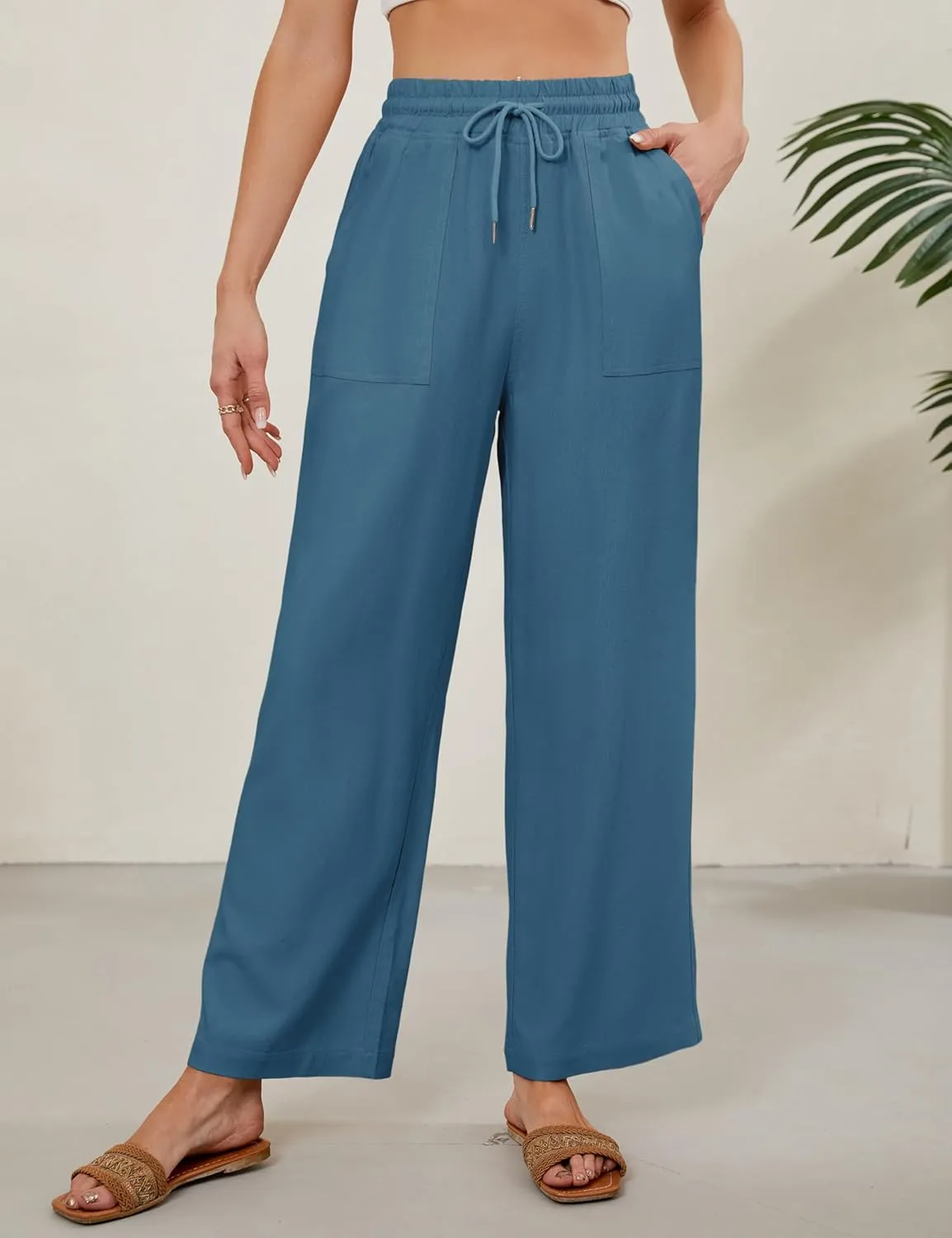 Women Summer Wide Leg Linen Pants Casual Palazzo Pant Cotton Lounge Beach Trousers with Pockets