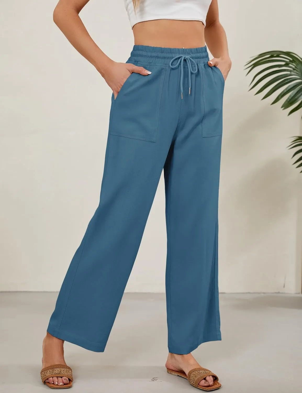 Women Summer Wide Leg Linen Pants Casual Palazzo Pant Cotton Lounge Beach Trousers with Pockets