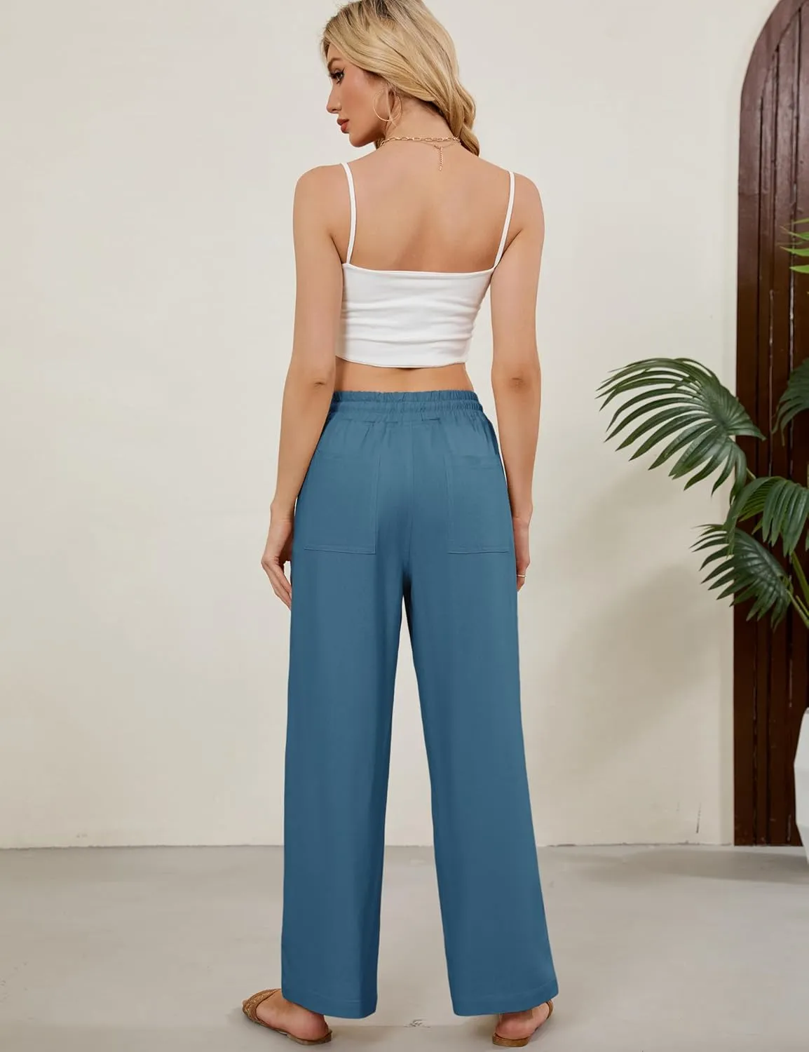 Women Summer Wide Leg Linen Pants Casual Palazzo Pant Cotton Lounge Beach Trousers with Pockets