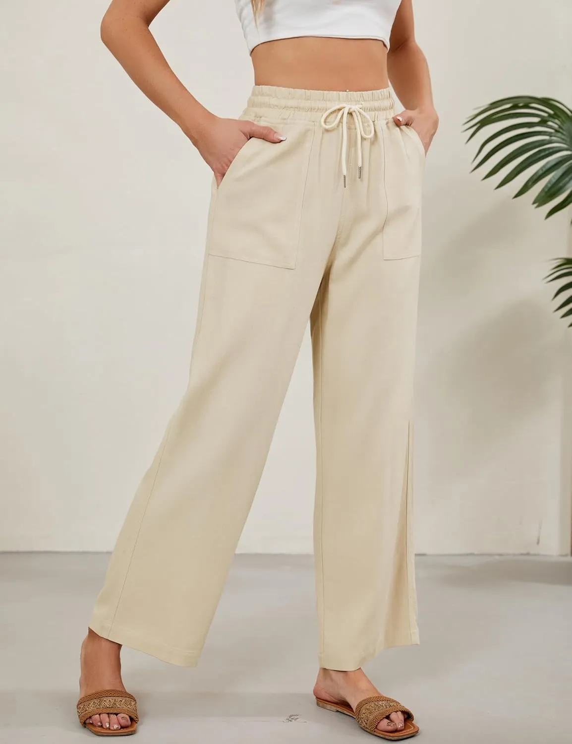 Women Summer Wide Leg Linen Pants Casual Palazzo Pant Cotton Lounge Beach Trousers with Pockets