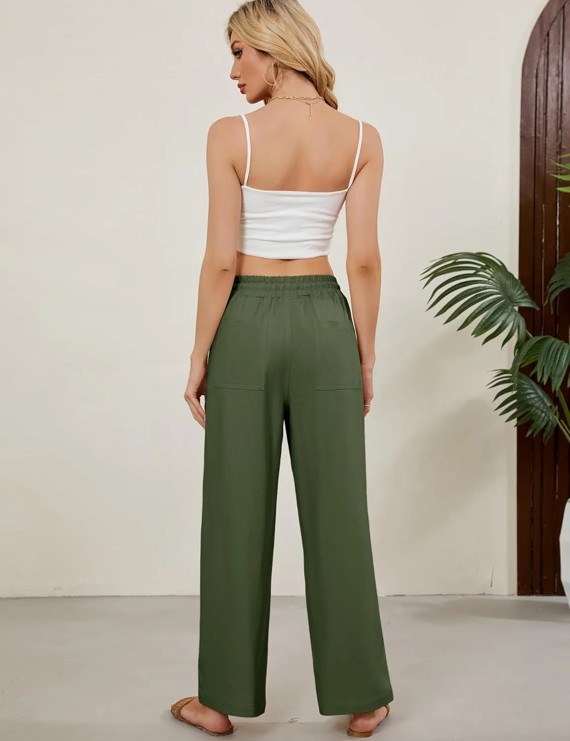 Women Summer Wide Leg Linen Pants Casual Palazzo Pant Cotton Lounge Beach Trousers with Pockets