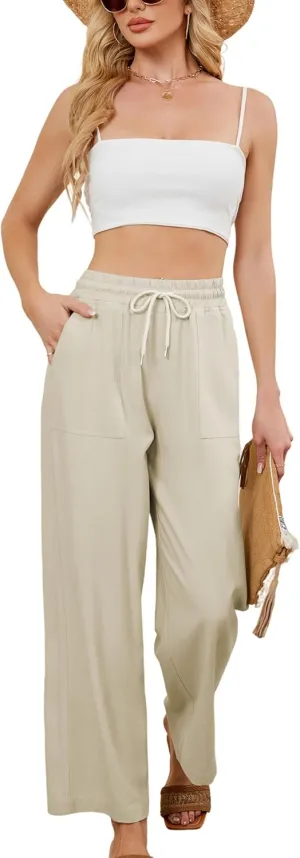 Women Summer Wide Leg Linen Pants Casual Palazzo Pant Cotton Lounge Beach Trousers with Pockets