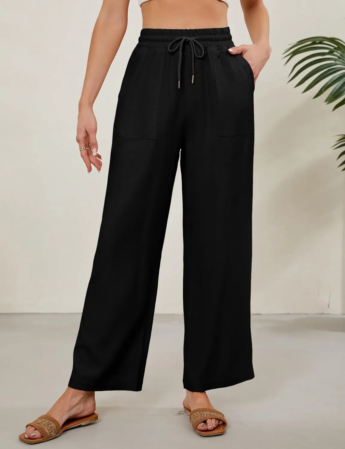 Women Summer Wide Leg Linen Pants Casual Palazzo Pant Cotton Lounge Beach Trousers with Pockets