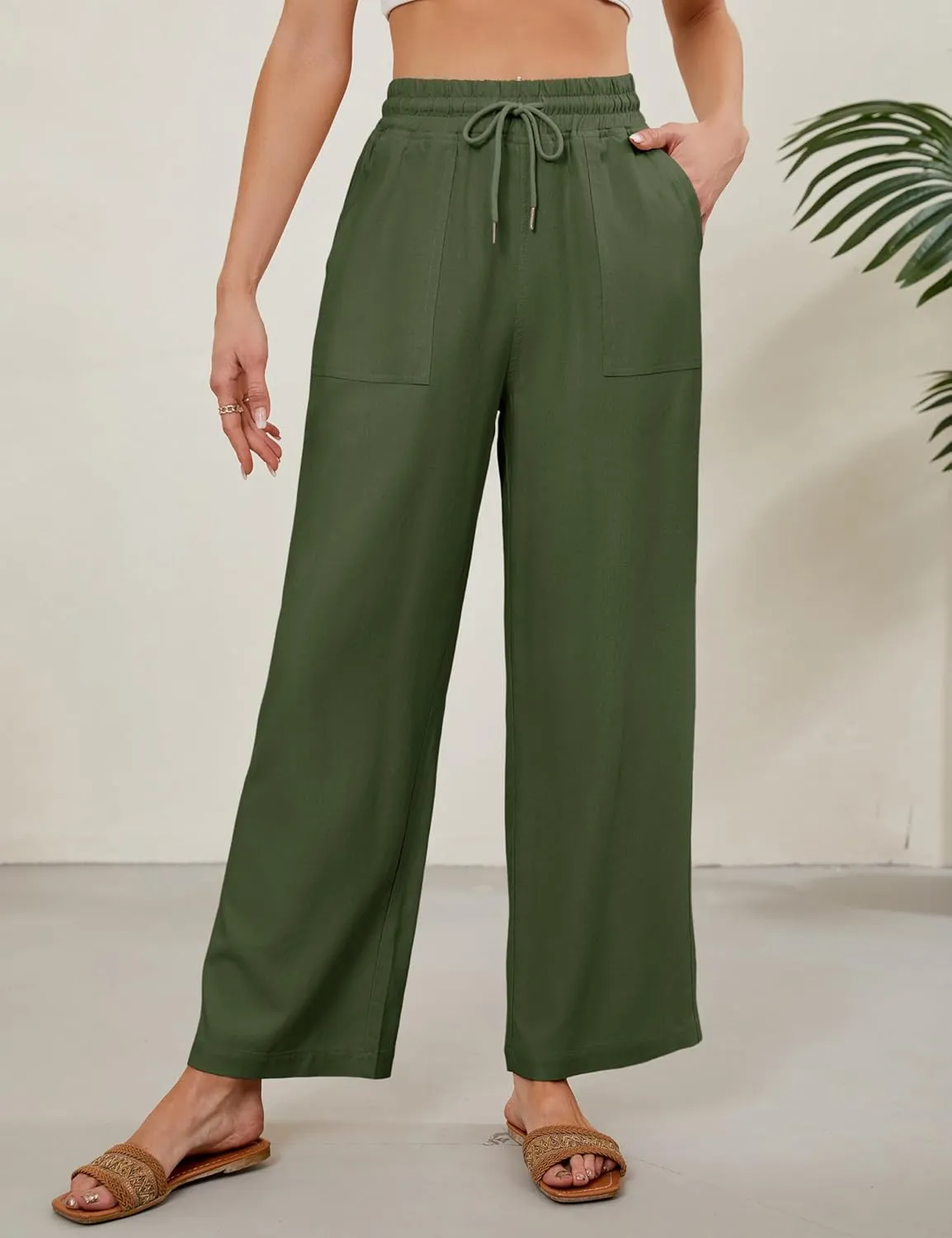 Women Summer Wide Leg Linen Pants Casual Palazzo Pant Cotton Lounge Beach Trousers with Pockets