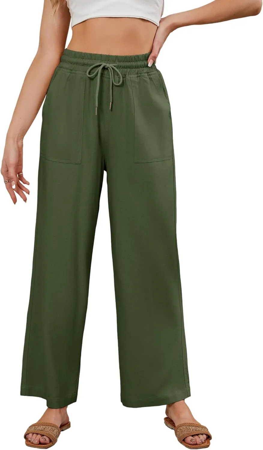 Women Summer Wide Leg Linen Pants Casual Palazzo Pant Cotton Lounge Beach Trousers with Pockets