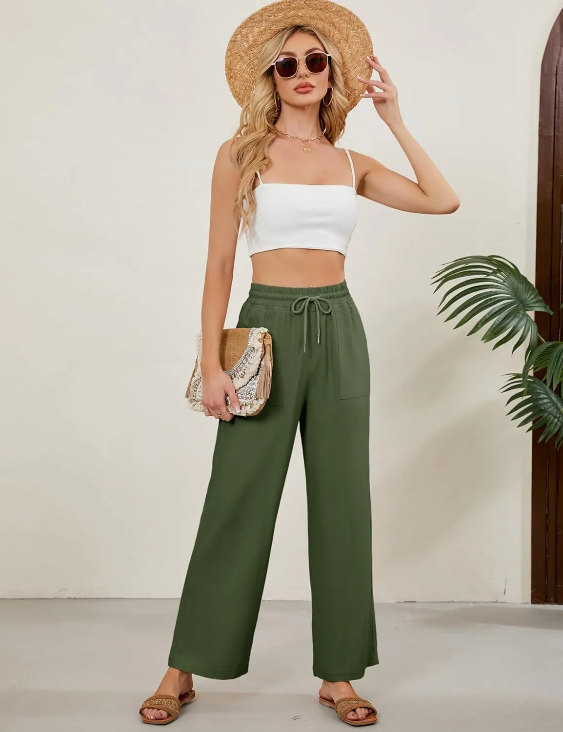 Women Summer Wide Leg Linen Pants Casual Palazzo Pant Cotton Lounge Beach Trousers with Pockets