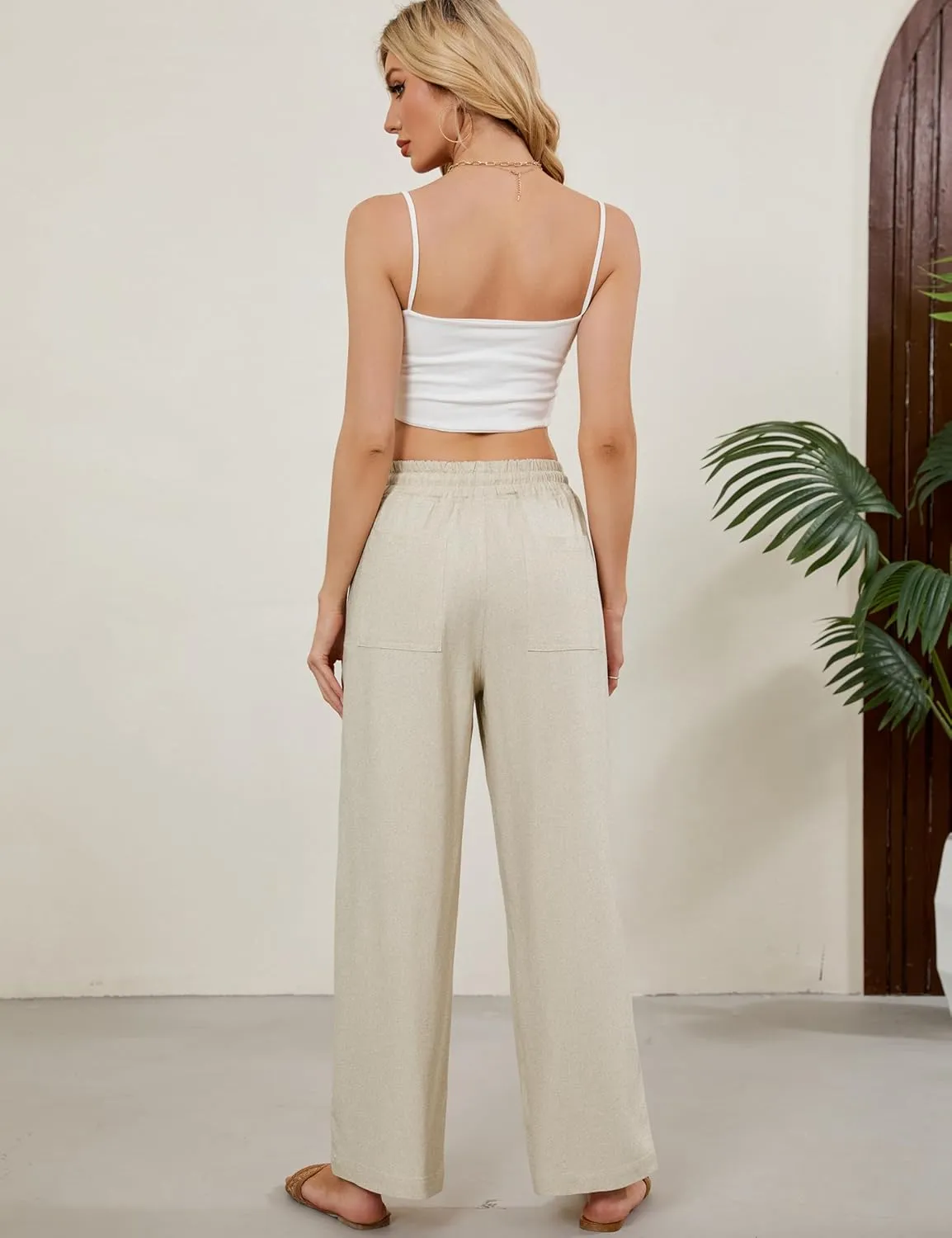 Women Summer Wide Leg Linen Pants Casual Palazzo Pant Cotton Lounge Beach Trousers with Pockets