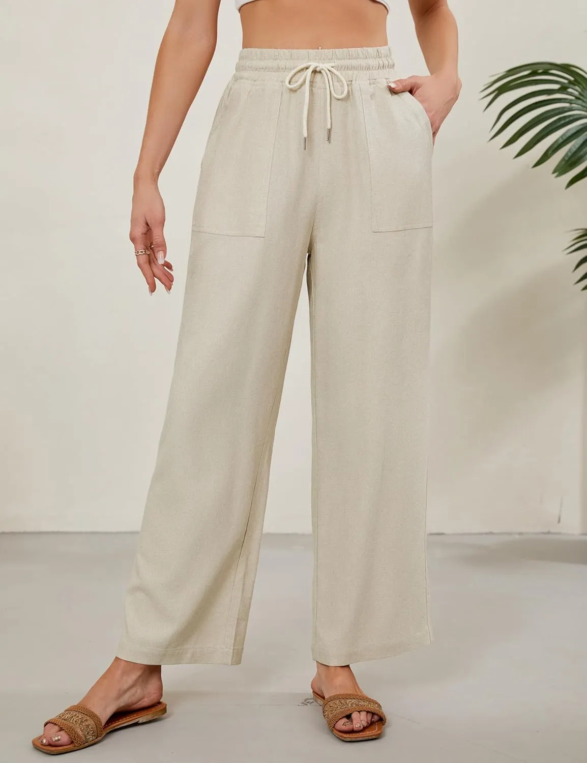 Women Summer Wide Leg Linen Pants Casual Palazzo Pant Cotton Lounge Beach Trousers with Pockets