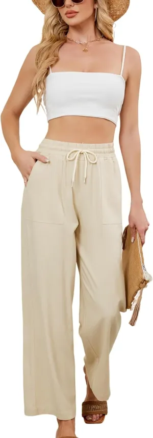 Women Summer Wide Leg Linen Pants Casual Palazzo Pant Cotton Lounge Beach Trousers with Pockets