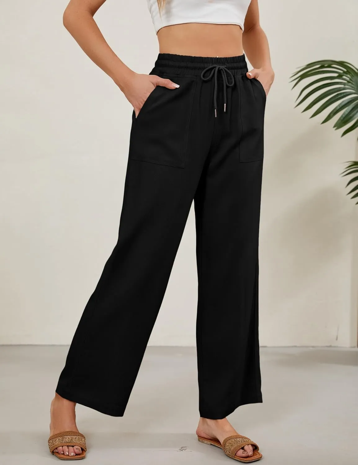 Women Summer Wide Leg Linen Pants Casual Palazzo Pant Cotton Lounge Beach Trousers with Pockets