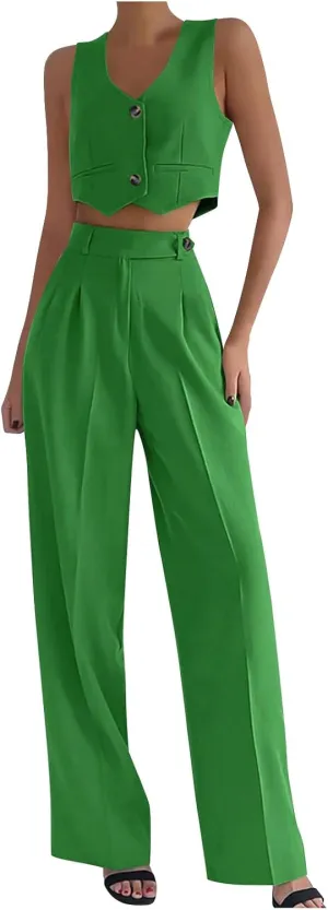 Women V Neck Button Front Cropped Vest and Pleated Wide Leg Dress Pants 2 Piece Set Summer Trendy Going Out Outfits