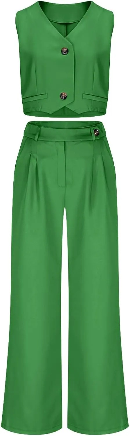 Women V Neck Button Front Cropped Vest and Pleated Wide Leg Dress Pants 2 Piece Set Summer Trendy Going Out Outfits